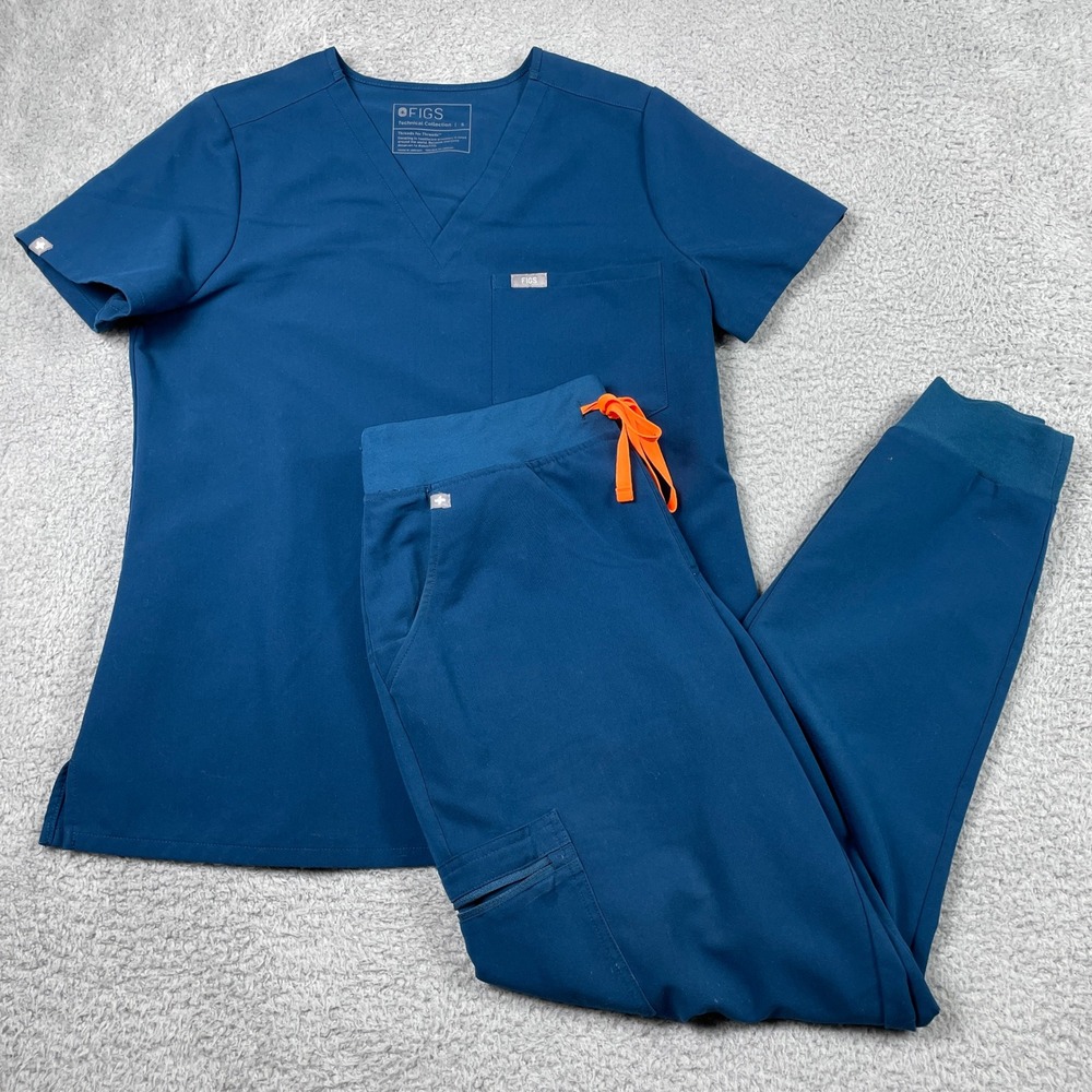 FIGS Catarina Zamora Scrub Set Womens S/M Blue V-Neck Jogger Stretch Excellent